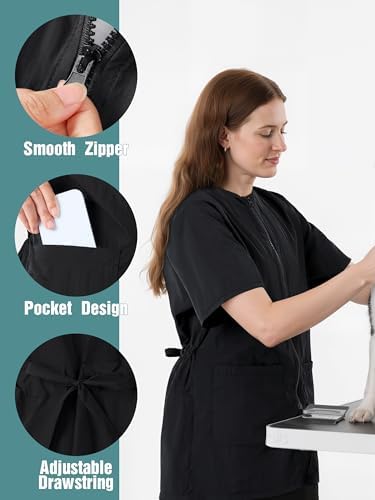 Model wearing Somsoc unisex pet grooming uniform with drawstring waist