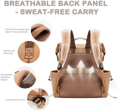 Vonal unisex diaper backpack being carried ergonomically by a parent on an outing