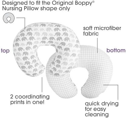 Boppy slipcover showing reversible gray plaid pattern