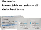 Alcohol based medical adhesive remover wipe being used to clear bandage residue.