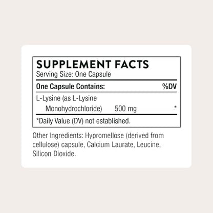 Thorne Lysine supplement bottle nutritional label details