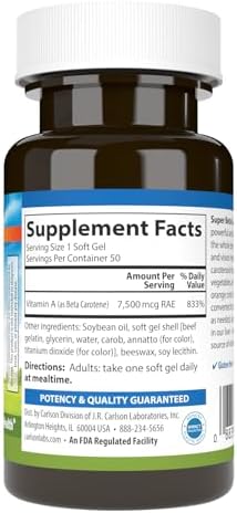 Carlson Labs natural beta carotene 25000 IU dietary supplement nutritional facts label.