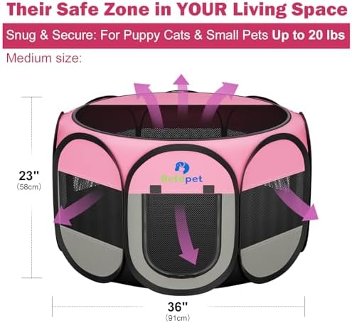 Playpen for Small Dogs Cats Crate: Puppy Play Pen Indoor Outdoor Foldable Potable Exercise Cage Pop up Kennel for Guinea Pig Rabbits Hamster Travel with Carrying Case & Food Bowl (Pink, M, 1) - Image 3