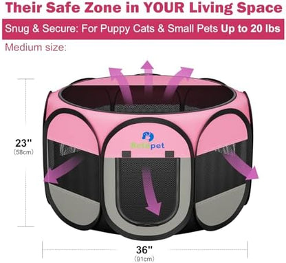 Playpen for Small Dogs Cats Crate: Puppy Play Pen Indoor Outdoor Foldable Potable Exercise Cage Pop up Kennel for Guinea Pig Rabbits Hamster Travel with Carrying Case & Food Bowl (Pink, M, 1) - Image 3