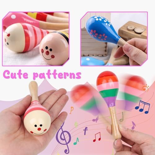 Ten individual multicolor POPLAY wooden percussion toys arranged neatly on a smooth background