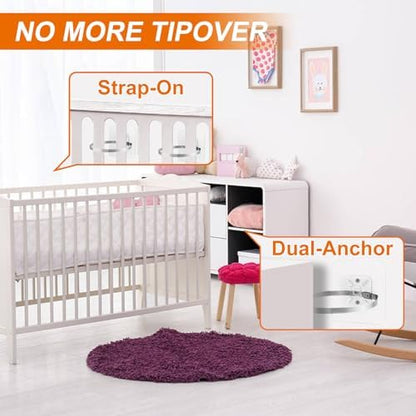 Wrichear anti tip straps demonstrating two hundred pounds tensile strength capacity on a heavy living room television stand.