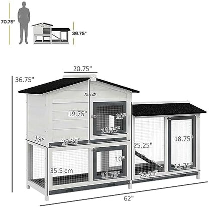 PawHut 62" Rabbit Hutch, Wooden Bunny Hutch, Guinea Pig Cage, Small Animal Enclosure with Run Area, Removable Tray, Asphalt Roof, Lockable Doors and Ramp, for Rabbits, Chickens, Ducks, White - Image 8