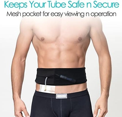 DiaBelt adjustable catheter holder band showing the specialized tubing slits and elastic hook-and-loop closure.