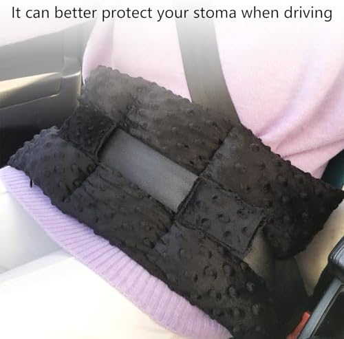 Ostomy driving protector cushion attached to car seatbelt for stoma safety