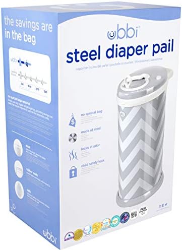 Ubbi steel nappy bin open view displaying standard bag compatibility