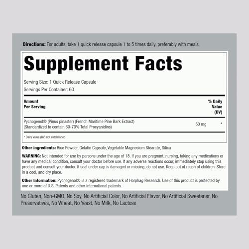 Piping Rock French maritime pine bark extract supplement bottle showing dietary facts label