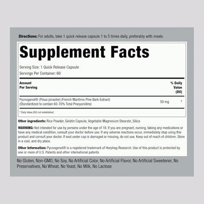 Piping Rock French maritime pine bark extract supplement bottle showing dietary facts label