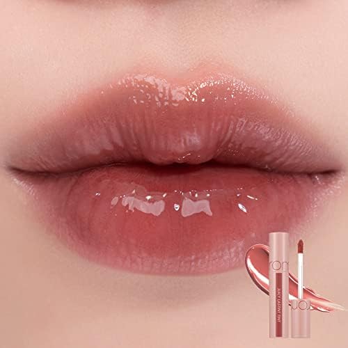 Romand Bare Juicy Lasting Tint 23 Nucadamia glossy lip stain applicator wand swatch.