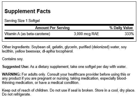 Swanson Vitamin A Beta Carotene supplement facts and directions label close up view