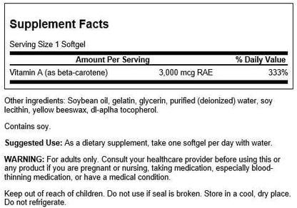 Swanson Vitamin A Beta Carotene supplement facts and directions label close up view