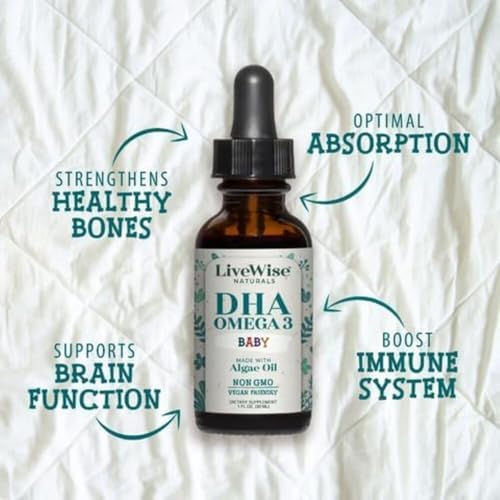 Algae sourced vegan DHA drops for toddlers with marked glass dropper pipette