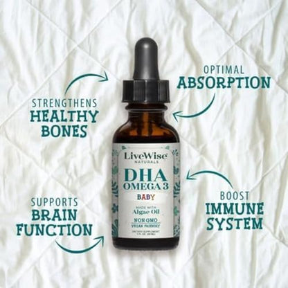 Algae sourced vegan DHA drops for toddlers with marked glass dropper pipette
