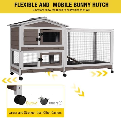 Aivituvin Rabbit Hutch 62" Rabbit Cage Indoor Outdoor Chicken Coop Guinea Pig Cage on Wheels Bunny Cage with 3 Deep No Leakage Pull Out Tray,Waterproof Roof (Brown) - Image 5