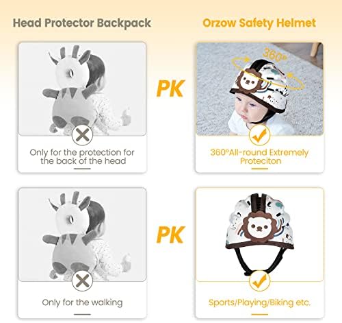 Model wearing Brown Lion baby safety helmet for crawling protection