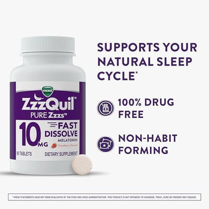 Imported Vicks ZzzQuil Pure Zzzs 90 tablets packaging side view for adult sleep aid
