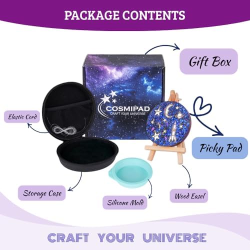 Cosmipad starry galaxy edition sensory pad displayed elegantly on its included wooden easel stand.