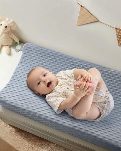 Blue gray babebay breathable minky dots cover showcasing the velvety texture for infants