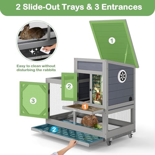 COZIWOW Rabbit Hutch Indoor Outdoor with No-Spill Design, 2 Wire Floors & Removable Trays, 2-Story Large Wooden Bunny Cage on Wheels, Chewproof Ramp for Multiple Small Animals, Gray - Image 4