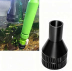 Black universal water changer flow deflector showing the fitting socket for garden hoses and PVC pipes