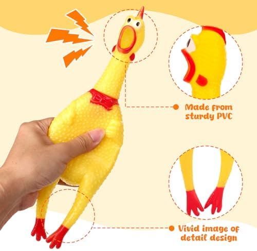 POPLAY Rubber Chicken toy positioned flat on a neutral background highlighting the complete twelve inch design.