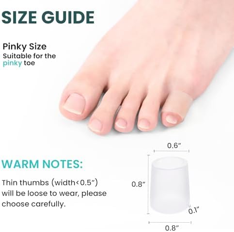 Soft medical grade gel toe covers being applied to the pinky toe for friction relief