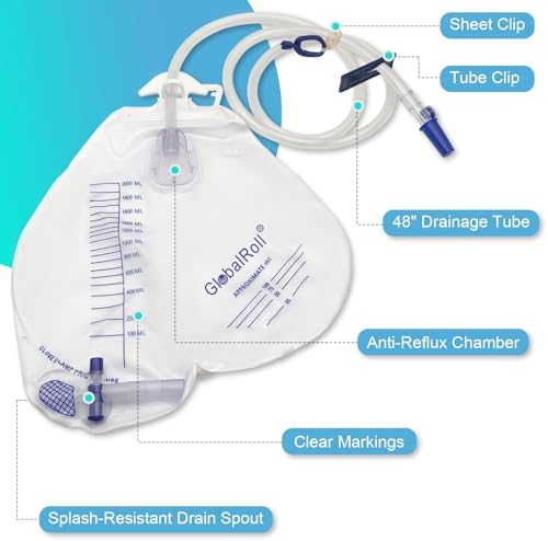 GlobalRoll professional vinyl urine bag highlighting the forty eight inch flexible kink resistant tube.