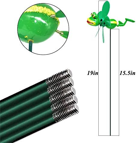 Colorful insect-themed wind spinner stakes in garden