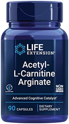 Life Extension cellular energy support supplement bottle showing non-GMO and gluten-free icons.