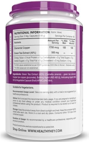 HealthyHey Nutrition Copper Gluconate 120 vegetarian capsules supplement facts label