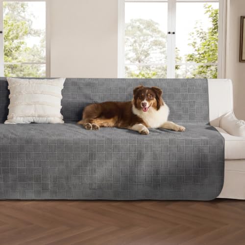 Ash Grey Bedsure pet blanket protecting a bed from an Australian Shepherd dog.