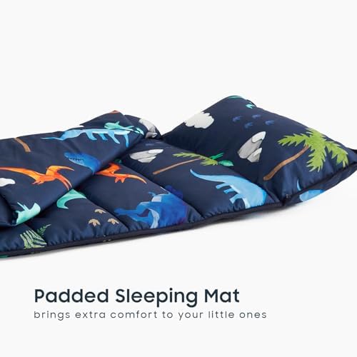 Wake In Cloud dinosaur nap mat highlighting the integrated name tag pocket for school identification.