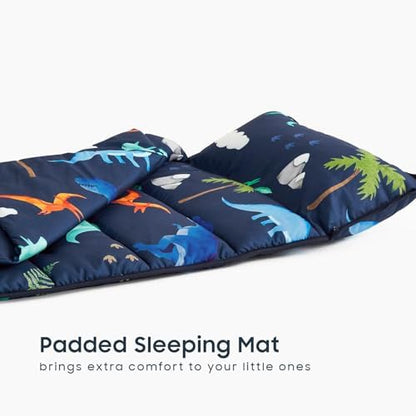 Wake In Cloud dinosaur nap mat highlighting the integrated name tag pocket for school identification.