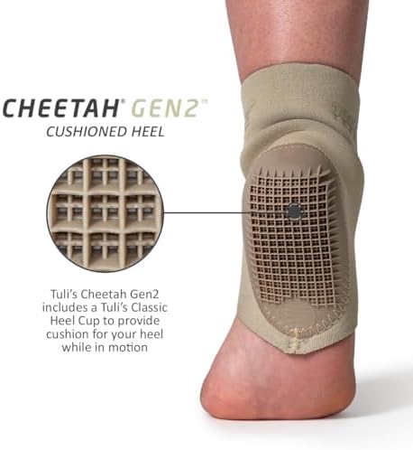 Tuli's patented waffle design heel cup integrated into a beige compression sleeve.