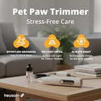 Dual speed control buttons on the ergonomic white handle of the Heusom pet grooming tool