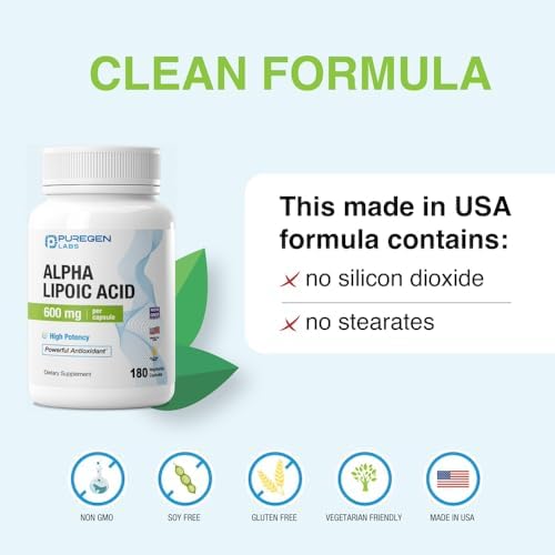 Puregen Labs Alpha Lipoic Acid 600mg dietary supplement bottle side panel displaying the complete list of clean ingredients
