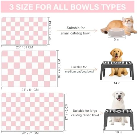 Cat Food Mat - 12"x 20" Cat Dog Mats for Food and Water Bowl, Checkered Pet Placemat Feeding Mat, Non-Slip Under Pet Bowls Mats for Messy Drinkers, Pink & White - Image 5