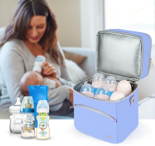 Nursing mom carrying breastmilk cooler bag with shoulder strap