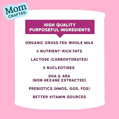 Grass-fed whole milk toddler formula powder close up with measuring scoop