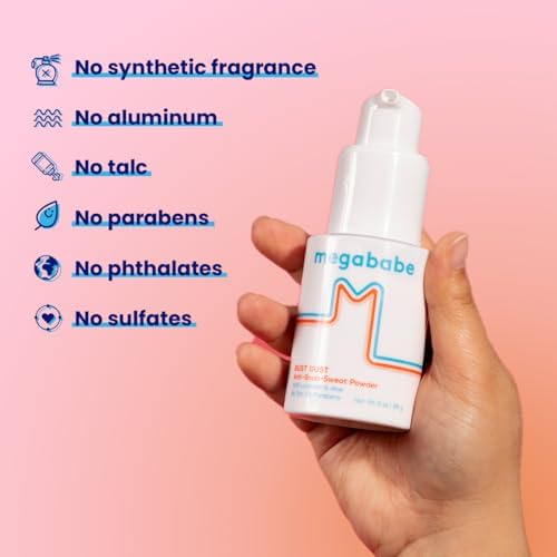 Megababe 3 ounce powder bottle with non-aerosol spray nozzle.