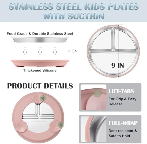 Divided 9-inch stainless steel plates for kids with suction