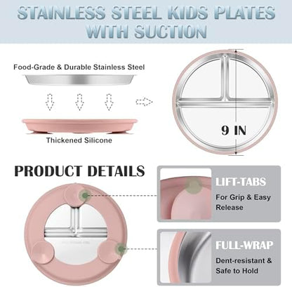 Divided 9-inch stainless steel plates for kids with suction
