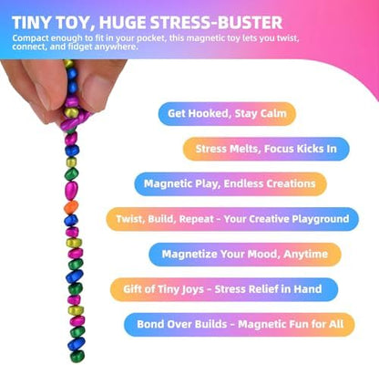 Aukit adult sensory desk toy pieces pulled into a long metallic string demonstrating weak magnetic pull.