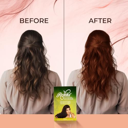Reshma Beauty authentic natural henna powder container emphasizing hair shine and conditioning.