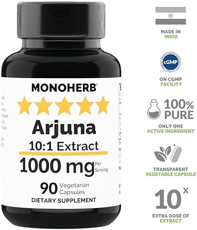 Side angle of Monoherb Arjuna extract 90 vegetarian capsules bottle detailing the 10:1 concentration ratio.