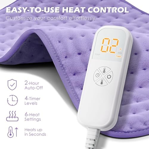 Extra large purple heating pad laid flat demonstrating twelve by twenty four inch full coverage size